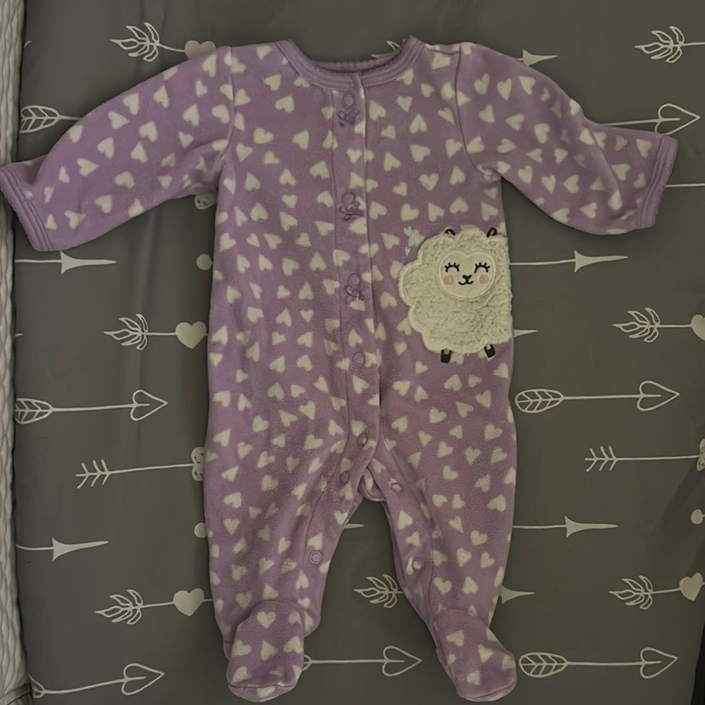 Purple Heart Print Baby One-Piece with Lamb Applique